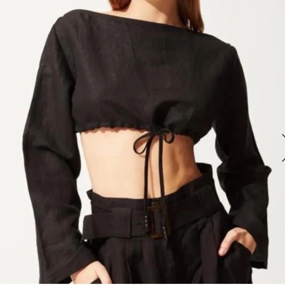 Solid & Striped Black Linen Blend Boatneck Crop Top Cinched Waistline Size XS